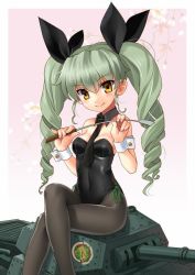 Rule 34 | 10s, 1girl, anchovy (girls und panzer), anchovy (girls und panzer), crossed legs, detached collar, drill hair, emblem, girls und panzer, green hair, katahira masashi, leotard, long hair, military, military vehicle, motor vehicle, necktie, on vehicle, pantyhose, playboy bunny, riding crop, sitting, solo, tank, twin drills, twintails, vehicle, whip, wrist cuffs, yellow eyes