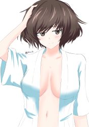 Rule 34 | 1girl, absurdres, aikir (jml5160), akiyama yukari, bathrobe, blush, breasts, brown eyes, brown hair, closed mouth, commentary, girls und panzer, half-closed eyes, hand on own head, highres, large breasts, looking at viewer, messy hair, navel, one-hour drawing challenge, open clothes, short hair, short sleeves, simple background, smile, solo, standing, twitter username, upper body, white background