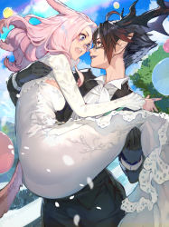 Rule 34 | 2girls, ahoge, animal ears, antlers, black gloves, black hair, blue eyes, breasts, bride, brown eyes, carrying, cat ears, cat tail, day, dress, elezen, elf, female focus, final fantasy, final fantasy xiv, glasses, gloves, gradient hair, hide (hideout), highres, horns, jacket, long hair, looking at another, medium breasts, miqo&#039;te, multicolored hair, multiple girls, open mouth, outdoors, pink hair, pointy ears, princess carry, red hair, rimless eyewear, shirt, short hair, suit jacket, tail, warrior of light (ff14), wedding, wedding dress, white dress, white shirt, yuri