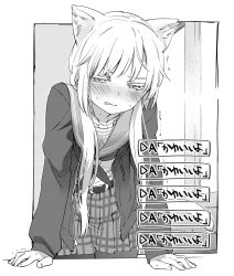 Rule 34 | 1girl, animal ears, arm support, belt, blush, cat ears, cat tail, choice, clenched teeth, full-face blush, greyscale, hair over shoulder, jacket, leaning forward, long hair, looking at viewer, monochrome, open clothes, open jacket, original, pantyhose, pine-chan ver. 1, pine (pine-box), plaid, plaid skirt, school uniform, screentones, serafuku, skirt, slit pupils, solo, tail, teeth, text focus, translation request, trembling, twintails