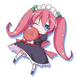 1girl blue_eyes chibi dress female_focus full_body kaiten_muten-maru kirara-sakura lolitako maid_headdress octopus pink_hair smile solo tentacles tentacle_hair twintails white_background wink