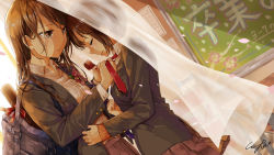 Rule 34 | 2girls, 7468, absurdres, artist name, backlighting, bad id, bad pixiv id, bag, black jacket, blazer, blurry, blush, breasts, brown hair, buttons, calendar (object), chalkboard, cherry blossoms, classroom, clenched hand, closed eyes, closed mouth, clothes grab, collared shirt, commentary request, corsage, crying, curtains, dated, depth of field, desk, diploma, dress shirt, dutch angle, emblem, eyelashes, fingernails, from side, graduation, highres, indoors, jacket, long hair, long sleeves, looking at another, miniskirt, multiple girls, nail polish, neck ribbon, open mouth, original, petals, pink nails, pleated skirt, pocket, profile, purple skirt, red ribbon, ribbon, school, school bag, school desk, school uniform, shade, shirt, shoulder bag, signature, skirt, sleeves past wrists, smile, stitches, swept bangs, tears, translation request, transparent, tying, upper body, wall, white shirt, wind, window, yuri