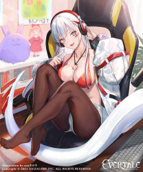 Rule 34 | absurdres, azu-taro, bra, breasts, evertale, headphones, highres, large breasts, pantyhose, puffy sleeves, revealing clothes, short shorts, shorts, thighhighs, thighs, tongue, tongue out, underwear, white hair