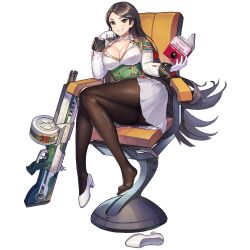 Rule 34 | 1girl, aiguillette, ammunition, ass, black pantyhose, book, breasts, brown hair, chair, cleavage, combat shotgun, crossed legs, drum magazine, english text, fang, flower, full body, game cg, gloves, green eyes, grin, gun, gusset, hair ornament, hairclip, high heels, highres, holding, holding book, large breasts, last origin, long hair, looking at viewer, magazine (weapon), military, military uniform, miniskirt, office chair, official alternate costume, official art, paintale, pantyhose, pleated skirt, rifle, shoes, shotgun, shotgun shell, single shoe, sitting, skirt, smile, solo, steel draco (last origin), swept bangs, swivel chair, tachi-e, thick thighs, thighband pantyhose, thighs, transparent background, underwear, uniform, very long hair, weapon, white flower, white footwear, white gloves, white skirt