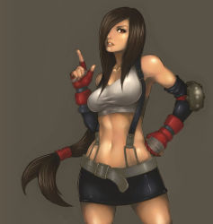 Rule 34 | 1990s (style), 1girl, abs, armpits, bare shoulders, belt, breasts, brown eyes, brown hair, elbow pads, eyelashes, final fantasy, final fantasy vii, finger gun, fingerless gloves, gloves, hair over one eye, hand on own hip, hip focus, kamui12, lips, long hair, low-tied long hair, midriff, miniskirt, navel, pencil skirt, retro artstyle, revision, shirt, simple background, skirt, suspender skirt, suspenders, tank top, taut clothes, taut shirt, tifa lockhart, toned, very long hair