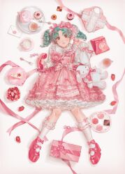 Rule 34 | 1girl, :o, absurdres, antique phone, bow, bow legwear, bowtie, box, brown eyes, cake, cake slice, candy wrapper, cherry, collar, commentary request, cup, cupcake, dress, dress bow, drill hair, earrings, envelope, flower, food, frilled bow, frilled collar, frilled dress, frilled sleeves, frilled socks, frills, fruit, gift, gift box, green hair, hair bow, hair flower, hair ornament, heart-shaped box, highres, holding, holding phone, idolmaster, idolmaster million live!, jewelry, kneehighs, lace, lolita fashion, long hair, looking at viewer, lying, macaron, mismatched earrings, multiple hair bows, on back, open mouth, parted bangs, phone, pink bow, pink bowtie, pink dress, pink flower, pink footwear, pink nails, pink ribbon, plate, ribbon, saucer, socks, solo, spoon, strawberry, stuffed animal, stuffed rabbit, stuffed toy, sweet lolita, tea, tea set, teacup, teeth, tokugawa matsuri, twin drills, upper teeth only, white background, white socks, wrist ribbon, yatatashira