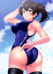Rule 34 | 1girl, ass, black thighhighs, blue sky, blue one-piece swimsuit, brown eyes, brown hair, cloud, commentary request, competition swimsuit, cowboy shot, day, from behind, kaga (kancolle), kantai collection, long hair, looking at viewer, looking back, one-piece swimsuit, side ponytail, sky, solo, swimsuit, thighhighs, twisted torso, wet, wet clothes, wet swimsuit, zanntetu
