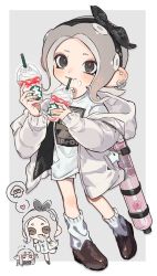 Rule 34 | 1girl, bad id, bad twitter id, black bow, black eyes, border, bow, brown footwear, closed mouth, cream, cream on face, cup, drinking straw, earrings, food, food on face, full body, grey background, grey hair, hair bow, hair ornament, hood, ice cream, ink tank (splatoon), jacket, jacket partially removed, jewelry, long sleeves, looking at viewer, loose socks, nintendo, octoling, octoling girl, octoling player character, print shirt, shirt, shoes, short hair, short shorts, shorts, socks, splatoon (series), splatoon 2, splatoon 2: octo expansion, standing, tentacle hair, unitoon, white border, white jacket, white shirt, white shorts