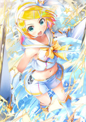 Rule 34 | &gt;:d, 1girl, :d, blonde hair, blue eyes, boots, bow, bowtie, collarbone, crop top, crown, daidou (demitasse), flat chest, from above, gloves, goodsmile racing, hair ornament, hairclip, headset, highres, holding, holding sword, holding weapon, kagamine rin, knee boots, midriff, mini crown, miniskirt, navel, open mouth, sailor collar, short hair, skirt, sleeveless, smile, solo, star (symbol), sword, v-shaped eyebrows, vocaloid, weapon, white gloves, white skirt, yellow bow, yellow bowtie