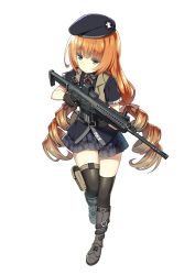 Rule 34 | 1girl, :&lt;, arx-160, arx-160 (girls&#039; frontline), belt, beret, black gloves, black thighhighs, boots, cartridge, closed mouth, drill hair, eyebrows, full body, girls&#039; frontline, gloves, gun, hair ribbon, hat, holding, holding gun, holding weapon, holster, logo, looking to the side, magazine (weapon), official art, orange hair, personification, pleated skirt, ribbon, skirt, sky-freedom, solo, strap, thigh holster, thighhighs, transparent background, trigger discipline, twin drills, uniform, vertical forward grip, walking, weapon