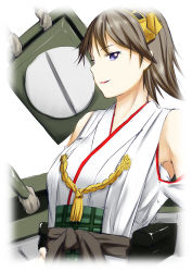 Rule 34 | 10s, 1girl, brown hair, detached sleeves, hairband, hiei (kancolle), highres, japanese clothes, kantai collection, looking at viewer, niwatazumi, nontraditional miko, personification, purple eyes, smile, solo, translated, white background