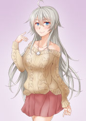 Rule 34 | 1girl, ahoge, alternate costume, anti (untea9), bare shoulders, blush, brown sweater, closed mouth, commentary request, cowboy shot, gradient background, hair between eyes, highres, jewelry, kantai collection, long hair, long sleeves, necklace, off shoulder, partial commentary, red skirt, silver hair, skirt, smile, solo, star (symbol), star necklace, sweater, washington (kancolle)