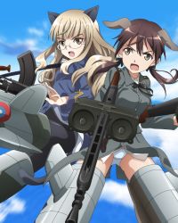 Rule 34 | 2girls, animal ears, black legwear, blonde hair, blush, breasts, brown eyes, brown hair, cat ears, cat tail, dog ears, gertrud barkhorn, glasses, gun, large breasts, multiple girls, open mouth, panties, pantyhose, perrine h. clostermann, rifle, sky, small breasts, strike witches, tail, underwear, weapon, white panties, world witches series, yellow eyes, yuri