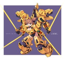 Rule 34 | 1girl, absurdres, armor, beam saber, blue eyes, breasts, brown hair, cleavage, commentary request, dated, energy sword, extra arms, full body, gundam, highres, large breasts, leotard, mecha musume, michi kuso, open mouth, quadruple wielding, short hair, short twintails, simple background, skindentation, solo, sword, the o (mobile suit), twintails, weapon, zeta gundam