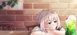 Rule 34 | 1girl, black vest, blue eyes, blurry, brick wall, commentary request, depth of field, dress shirt, drink, facing viewer, highres, kantai collection, looking to the side, pink hair, plant, ponytail, school uniform, shiranui (kancolle), shirt, short hair, short sleeves, solo, u yuz xx, upper body, vest, vines, white shirt, window