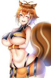 Rule 34 | 1girl, animal ears, antenna hair, arm across waist, arm under breasts, bare shoulders, black panties, blazblue, blush, breast hold, breasts, broad eyes, brown hair, buckle, commentary, cowboy shot, crop top, curvy, fingerless gloves, gloves, highleg, highleg panties, highres, huge breasts, kuuki (rakam), large breasts, linea alba, long eyelashes, looking at viewer, makoto nanaya, microskirt, midriff, miniskirt, multicolored hair, narrow waist, navel, no bra, nose blush, one eye closed, open mouth, orange eyes, orange skirt, panties, revealing clothes, round teeth, shirt, short hair, simple background, skindentation, skirt, sleeveless, sleeveless shirt, smile, solo, squirrel ears, squirrel girl, squirrel tail, tail, teeth, thick thighs, thighs, two-tone hair, underboob, underwear, white background, wide hips, wink, yellow eyes