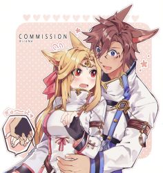 Rule 34 | 1boy, 1girl, animal ears, artist name, warrior of light (ff14), black gloves, blue eyes, blush, breasts, brown hair, cat ears, commentary, commission, facial mark, final fantasy, final fantasy xiv, fingerless gloves, fox ears, gloves, hair between eyes, hair ribbon, heart, hug, jacket, large breasts, long hair, looking at another, miqo&#039;te, open mouth, red eyes, red ribbon, ribbon, rirene rn, short hair, uniform, white jacket