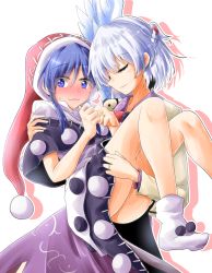 Rule 34 | 2girls, :3, ass, black dress, blue eyes, blue hair, blush, bow, bowtie, braid, carrying, closed eyes, commentary request, cowboy shot, doremy sweet, dress, feet out of frame, french braid, hair between eyes, half updo, hands up, hat, highres, jacket, jewelry, kishin sagume, looking at viewer, multicolored clothes, multicolored dress, multiple girls, nose blush, oshiaki, outline, pom pom (clothes), princess carry, purple dress, red bow, red hat, red neckwear, ring, santa hat, silhouette, silver hair, simple background, single wing, smile, socks, standing, thighs, touhou, white background, white dress, white legwear, white outline, wings, yuri