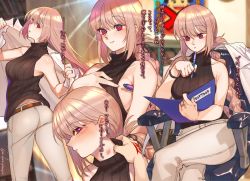 Rule 34 | 1girl, armpit hold, ass, bare shoulders, belt, blush, braid, breasts, chair, command spell, crossed legs, fate/grand order, fate (series), florence nightingale (fate), heart, heart-shaped pupils, hickey, highres, lab coat, long hair, mitsurugi sugar, pen, pink hair, purple eyes, sitting, sleeveless, smile, solo focus, sweater, symbol-shaped pupils, translation request, turtleneck