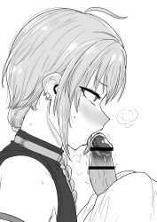 2boys absurdres ahoge bar_censor bare_shoulders blush braid censored commentary_request earrings erection fellatio from_side greyscale highres jewelry kaiman_garupan licking licking_penis male_focus monochrome multiple_boys nijisanji open_mouth oral penis profile ryuushen simple_background single_braid solo_focus sweat tongue tongue_out trap virtual_youtuber white_background yaoi