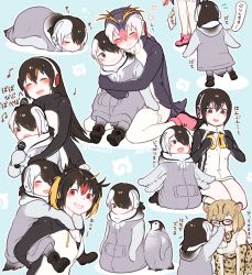 Rule 34 | 10s, 6+girls, aged down, animal ears, bare shoulders, bird, black hair, blonde hair, blood, blush, bow, bowtie, cat ears, cat tail, child, comic, commentary request, eating, elbow gloves, emperor penguin, emperor penguin (kemono friends), food, gentoo penguin (kemono friends), glasses, gloves, hair over one eye, headphones, hood, hoodie, hug, hug from behind, humboldt penguin (kemono friends), japari bun, kemono friends, long hair, long sleeves, margay (kemono friends), margay print, microphone, multicolored hair, multiple girls, music, musical note, nose blush, nosebleed, orange hair, penguin, penguin tail, purple hair, rockhopper penguin (kemono friends), royal penguin (kemono friends), seto (harunadragon), short hair, singing, skirt, sleeping, tail, thighhighs, translation request, twintails, vest, wavy mouth, white hair