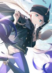 Rule 34 | 1boy, bird, black capelet, black coat, black headwear, blue eyes, blue hair, blue pantyhose, blue sky, buttons, capelet, captain nemo (fate), coat, dutch angle, fate/grand order, fate (series), from below, gradient hair, gun, handgun, hands up, hat feather, high heels, highres, holding, holding gun, holding weapon, leg up, light brown hair, long hair, long sleeves, looking at viewer, low twintails, multicolored hair, nemo (fate), outdoors, pantyhose, parted lips, revolver, short shorts, shorts, sky, solo, swept bangs, tsuyukusa (eeta7273), turban, twintails, twitter username, very long hair, weapon
