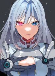 Rule 34 | armor, blue eyes, breast tattoo, breasts, cleavage, cleavage cutout, clothing cutout, ethel (xenoblade), heterochromia, large breasts, long hair, mugimugis, red eyes, shoulder armor, silver hair, solo, tattoo, very long hair, xenoblade chronicles (series), xenoblade chronicles 3