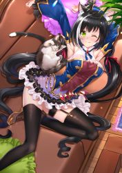 Rule 34 | 1girl, animal, animal ear fluff, animal ears, armpits, arms up, bare shoulders, black thighhighs, blouse, blue sleeves, blush, boots, breasts, bridal garter, brown footwear, cat, cat ears, cat girl, cat tail, closed mouth, commentary request, couch, detached sleeves, feet out of frame, frilled pillow, frilled skirt, frills, garter straps, green eyes, highres, indoors, karyl (princess connect!), large breasts, long hair, low twintails, lying, multicolored hair, on couch, on side, one eye closed, pillow, princess connect!, purple skirt, ringlets, shirt, skirt, sleeveless, sleeveless shirt, solo, streaked hair, stream, swordsouls, tail, thigh strap, thighhighs, thighhighs under boots, twintails, very long hair, white hair, white shirt, wooden floor