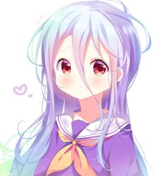 Rule 34 | 1girl, :&lt;, blue hair, blush, closed mouth, commentary request, deyui, gradient hair, green hair, hair between eyes, heart, highres, looking at viewer, multicolored hair, neckerchief, no game no life, purple shirt, red eyes, sailor collar, shiro (no game no life), shirt, simple background, solo, translation request, upper body, white background, white sailor collar, yellow neckerchief