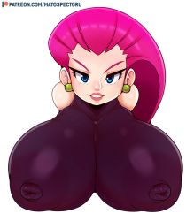 Rule 34 | 1girl, bare shoulders, blue eyes, blush, breasts, creatures (company), earrings, covered erect nipples, game freak, grin, jessie (pokemon), jewelry, large breasts, long hair, looking at viewer, mato spectoru, nintendo, nose blush, pink eyebrows, pink hair, pokemon, pokemon (anime), smile, solo, thin eyebrows