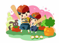 Rule 34 | 2boys, baseball bat, baseball cap, blue overalls, blue shorts, blush stickers, carrot, flower, hat, hitofutarai, holding, holding baseball bat, looking at another, magicant, male focus, mother (game), mother 2, multiple boys, ness (mother 2), nintendo, open mouth, overalls, red headwear, short hair, shorts, sideways hat, solid oval eyes, time paradox, tomato