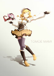 Rule 34 | 1girl, absurdres, black gloves, black hat, blonde hair, boots, bustier, character name, detached sleeves, fingerless gloves, floating hair, full body, gloves, grey thighhighs, hat, highres, knee boots, long hair, long sleeves, mahou shoujo madoka magica, mahou shoujo madoka magica (anime), miniskirt, neck ribbon, outstretched arm, pleated skirt, ribbon, shadow, shirt, short sleeves, simple background, skirt, solo, standing, standing on one leg, striped clothes, striped thighhighs, swept bangs, thighhighs, tomoe mami, user dmmt3227, vertical-striped clothes, vertical-striped thighhighs, white background, white shirt, white sleeves, yellow eyes, yellow ribbon, yellow skirt, zettai ryouiki