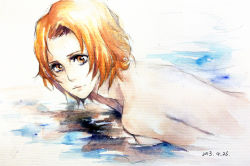 Rule 34 | 191138693, 1girl, bleach, brown eyes, brown hair, censored, completely nude, convenient censoring, kurosaki masaki, nude, painting (medium), partially submerged, short hair, solo, traditional media, water, watercolor (medium), aged down