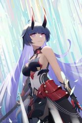 Rule 34 | 1girl, absurdres, armor, bare shoulders, black gloves, breasts, cleavage, closed mouth, fled, gauntlets, gloves, highres, holding, holding sword, holding weapon, honkai (series), honkai impact 3rd, horns, japanese armor, katana, long hair, looking up, purple eyes, purple hair, raiden mei, raiden mei (herrscher of thunder), single gauntlet, smile, solo, sword, weapon