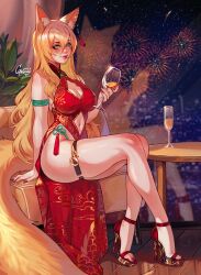 Rule 34 | 1girl, absurdres, aerial fireworks, animal ears, armlet, blonde hair, breasts, cleavage cutout, clothing cutout, cup, dress, drinking glass, feet, fireworks, fox ears, fox tail, green eyes, greenu, high heels, highres, knees together feet apart, large breasts, legs, lips, long hair, looking at viewer, nail polish, navel, navel cutout, night, original, red dress, sandals, sitting, sleeveless, sleeveless dress, solo, strappy heels, tail, thigh strap, toenail polish, toenails, toes, wine glass