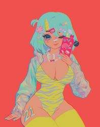 Rule 34 | 1girl, animal print, ashleigh hetrick, blue nails, breasts, cellphone, cleavage, collar, commentary, covered navel, english commentary, flower, grey jacket, hair between eyes, hair flower, hair ornament, highres, holding, holding phone, horns, jacket, kirby, kirby (series), large breasts, leg tattoo, leotard, nail polish, nintendo, one eye closed, original, phone, pink collar, pink flower, red background, short sidetail, side ponytail, single horn, sitting, smartphone, solo, star (symbol), star hair ornament, tattoo, thighhighs, tiger print