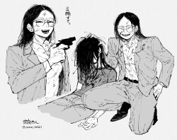 Rule 34 | 1girl, 1other, ^ ^, ambiguous gender, blood, blood on clothes, blood on face, blood splatter, blush, character name, closed eyes, covered face, dress pants, dress shirt, dress shoes, glasses, greyscale, gun, hand in pocket, hand up, highres, holding, holding another&#039;s head, holding gun, holding weapon, jacket, jimoto saikou, long hair, messy hair, monochrome, multiple views, nara-san (jimoto saikou), on one knee, oniku (oyano tataki), open clothes, open jacket, open mouth, pants, parted bangs, revolver, shirt, simple background, smile, snubnosed revolver, suit jacket, t-shirt, translation request, twitter username, veins, weapon