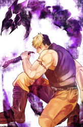 Rule 34 | 1boy, arm tattoo, bara, blonde hair, boots, dagger, fighting stance, from side, highres, holding, holding dagger, holding knife, holding weapon, kidomh63, knee boots, knife, male focus, muscular, muscular male, on one knee, onogami tetsuya, orange pants, pants, pectorals, red eyes, scar, scar across eye, scar on face, short hair, sideburns, sidepec, solo, tattoo, tokyo houkago summoners, weapon