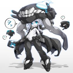 Rule 34 | 10s, 1girl, abyssal ship, bodysuit, cane, cape, colored skin, enemy aircraft (kancolle), full body, glowing, glowing eyes, hat, headgear, highres, kantai collection, karukan (monjya), long hair, monochrome, monster, open mouth, pale skin, silver hair, solo, spot color, teeth, tentacles, turret, white background, white skin, wo-class aircraft carrier