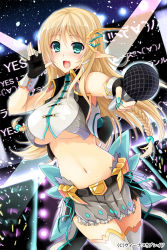 Rule 34 | 1girl, aqua eyes, bare shoulders, blonde hair, blush, breasts, hair ornament, hisen kaede, kikyou-0423, large breasts, long hair, looking at viewer, midriff, nail polish, navel, official art, open mouth, pointy ears, skirt, smile, solo, standing, thighhighs, underboob, venus blade