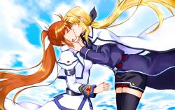 Rule 34 | 2girls, belt, black ribbon, black thighhighs, blonde hair, blue jacket, blue sky, bow, brown hair, cape, closed eyes, cloud, commentary request, commission, couple, cropped jacket, day, dress, fate testarossa, fate testarossa (impulse form), gloves, hair ribbon, hand on another&#039;s face, jacket, kiss, leoheart, long hair, long sleeves, lyrical nanoha, magical girl, mahou shoujo lyrical nanoha, mahou shoujo lyrical nanoha strikers, military, military uniform, multiple girls, orange hair, outdoors, pixiv commission, ponytail, red hair, ribbon, skirt, sky, takamachi nanoha, takamachi nanoha (exceed mode), thighhighs, twintails, uniform, very long hair, white cape, white dress, white jacket, white ribbon, wife and wife, yuri, zettai ryouiki