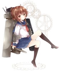 Rule 34 | 1girl, anchor symbol, bad id, bad pixiv id, blue sailor collar, blue skirt, blush, brown eyes, brown hair, brown socks, commentary request, folded ponytail, gears, hair between eyes, highres, holding, inazuma (kancolle), kantai collection, knee up, kneehighs, long sleeves, machinery, neckerchief, no shoes, parted lips, pleated skirt, red neckerchief, sailor collar, shirt, sidelocks, sitting, skirt, socks, solo, torpedo launcher, tsukiyo (skymint), white background, white shirt