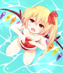 Rule 34 | 1girl, bekotarou, bikini, blonde hair, collarbone, crystal, female focus, flandre scarlet, flat chest, kneeling, open mouth, partially submerged, red bikini, red eyes, side ponytail, solo, swimsuit, tankini, touhou, water, wings