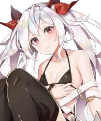 Rule 34 | 1girl, azur lane, bad id, bad twitter id, bare shoulders, black thighhighs, blush, breasts, fang, hair between eyes, hair ornament, hair ribbon, head tilt, long hair, looking at viewer, off shoulder, red eyes, red ribbon, ribbon, sidelocks, silver hair, simple background, sitting, small breasts, smile, solo, thighhighs, twintails, vampire (azur lane), very long hair, white background, yayoichi (yoruyoru108)