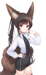 Rule 34 | 1girl, :3, a20 (atsumaru), absurdres, animal ear fluff, animal ears, black necktie, black skirt, blush, brown eyes, brown hair, brown thighhighs, closed mouth, collared shirt, commission, fox ears, fox girl, fox tail, hand on own hip, hand to own mouth, hand up, highres, kitsune, large ears, long hair, long sleeves, looking at viewer, nail polish, necktie, original, pink nails, ponytail, shirt, sidelocks, simple background, skindentation, skirt, solo, tail, thighhighs, very long hair, white background, white shirt