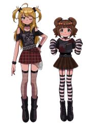 Rule 34 | 2girls, ahoge, arm warmers, belt, black footwear, blonde hair, bracelet, brown hair, chain, choker, cross, cross choker, emo fashion, fishnet thighhighs, fishnets, full body, goth fashion, green eyes, hand on own hip, highres, hoshii miki, idolmaster, idolmaster (classic), jewelry, long hair, miniskirt, multiple girls, naruse ill, one eye closed, punkish gothic, skirt, smile, spiked bracelet, spikes, striped clothes, striped thighhighs, studded belt, takatsuki yayoi, thighhighs, twintails, two side up, white background