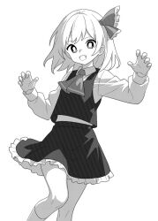 Rule 34 | 1girl, collared shirt, fang, frilled skirt, frills, greyscale, hair ribbon, kneehighs, long sleeves, looking at viewer, monochrome, onkn sxkn, open mouth, ribbon, rumia, shirt, short hair, simple background, skirt, socks, solo, touhou, white background