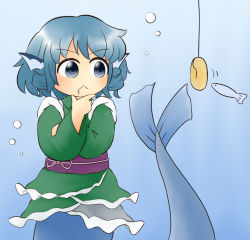 Rule 34 | 1girl, :&lt;, air bubble, blue eyes, blue hair, bubble, commentary request, crossed arms, doughnut, drill hair, drooling, fins, fish, fishing line, food, freediving, frown, green kimono, hand on own chin, head fins, japanese clothes, kimono, long sleeves, looking to the side, meme, mermaid, monster girl, obi, sash, short hair, short kimono, solo, touhou, twin drills, underwater, wakasagihime, yukimuro