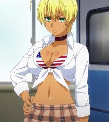 Rule 34 | 10s, 1girl, blonde hair, breasts, choker, cleavage, flag print, green eyes, hand on own hip, highres, indoors, large breasts, looking at viewer, midriff, mito ikumi, navel, screencap, shokugeki no souma, short hair, skirt, solo, standing, stitched, third-party edit