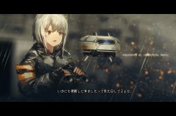 Rule 34 | 1girl, :o, binoculars, black gloves, blurry, blurry background, brown eyes, depth of field, fingerless gloves, gloves, grey hair, grey jacket, highres, holding, inabi, jacket, legband, letterboxed, long sleeves, open mouth, original, rain, robot, short hair, solo, subtitled, translation request, upper body